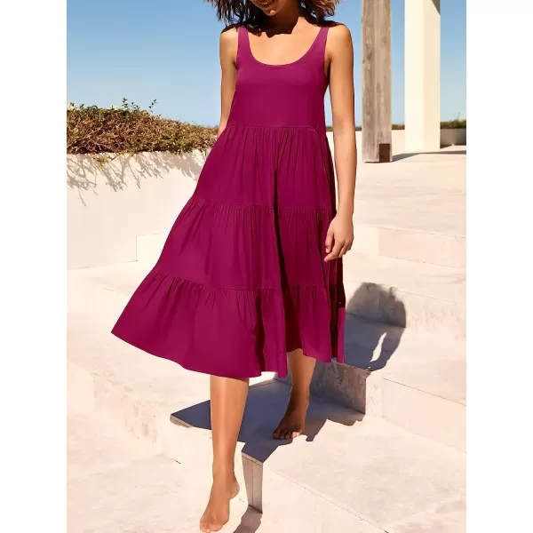 imageANRABESS Womens Summer Sleevelesss Scoop Neck Sundress Loose Casual Pleated Swing Flowy Beach Tank Midi Dress with PocketsRose