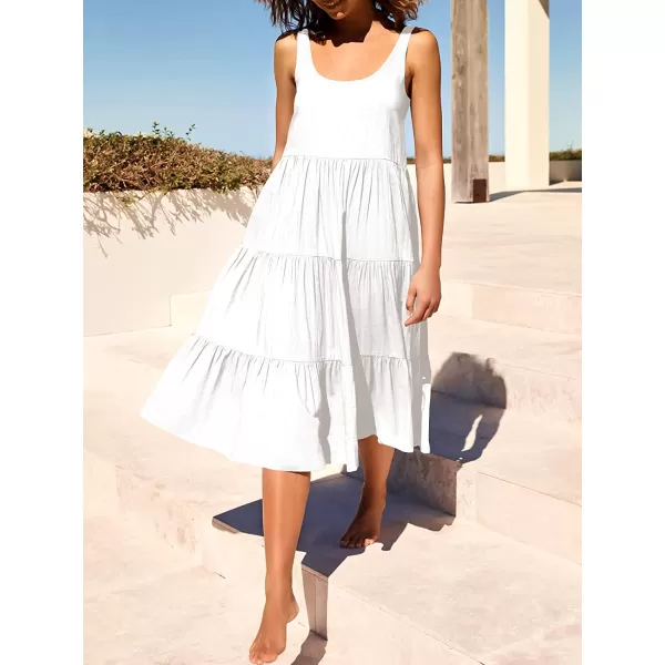 imageANRABESS Womens Summer Sleevelesss Scoop Neck Sundress Loose Casual Pleated Swing Flowy Beach Tank Midi Dress with PocketsWhite
