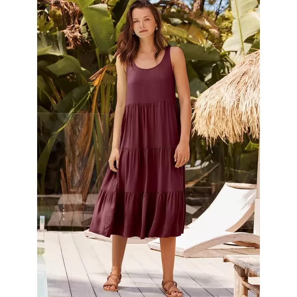 imageANRABESS Womens Summer Sleevelesss Scoop Neck Sundress Loose Casual Pleated Swing Flowy Beach Tank Midi Dress with PocketsWine Red