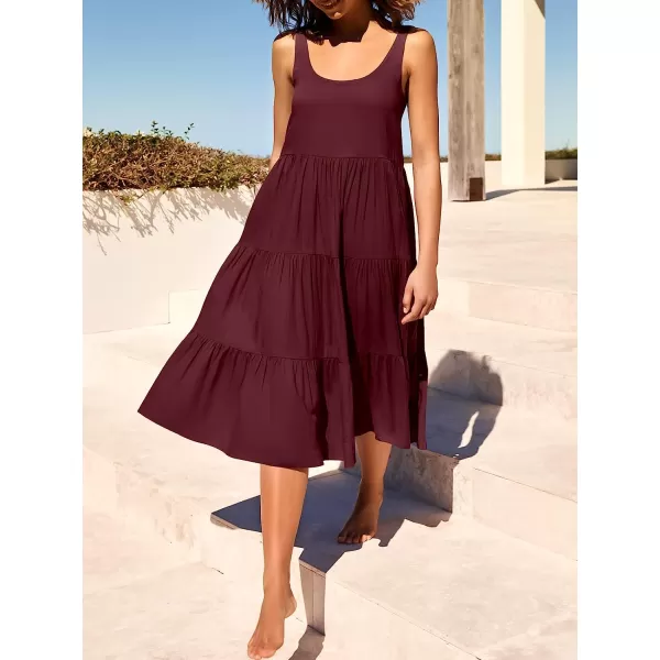 imageANRABESS Womens Summer Sleevelesss Scoop Neck Sundress Loose Casual Pleated Swing Flowy Beach Tank Midi Dress with PocketsWine Red