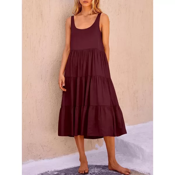 imageANRABESS Womens Summer Sleevelesss Scoop Neck Sundress Loose Casual Pleated Swing Flowy Beach Tank Midi Dress with PocketsWine Red