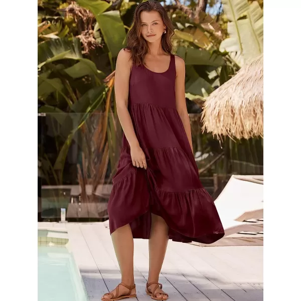 imageANRABESS Womens Summer Sleevelesss Scoop Neck Sundress Loose Casual Pleated Swing Flowy Beach Tank Midi Dress with PocketsWine Red