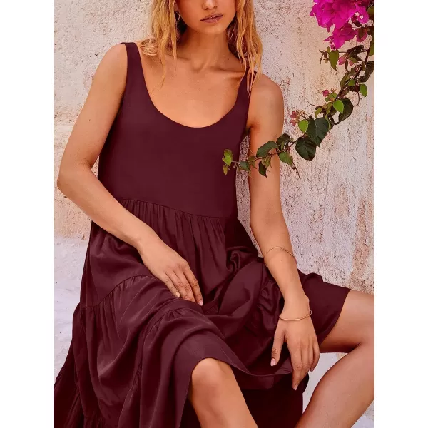 imageANRABESS Womens Summer Sleevelesss Scoop Neck Sundress Loose Casual Pleated Swing Flowy Beach Tank Midi Dress with PocketsWine Red