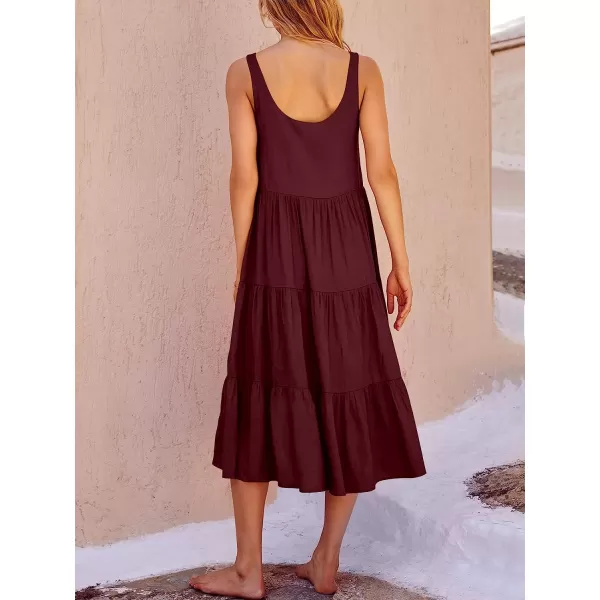 imageANRABESS Womens Summer Sleevelesss Scoop Neck Sundress Loose Casual Pleated Swing Flowy Beach Tank Midi Dress with PocketsWine Red