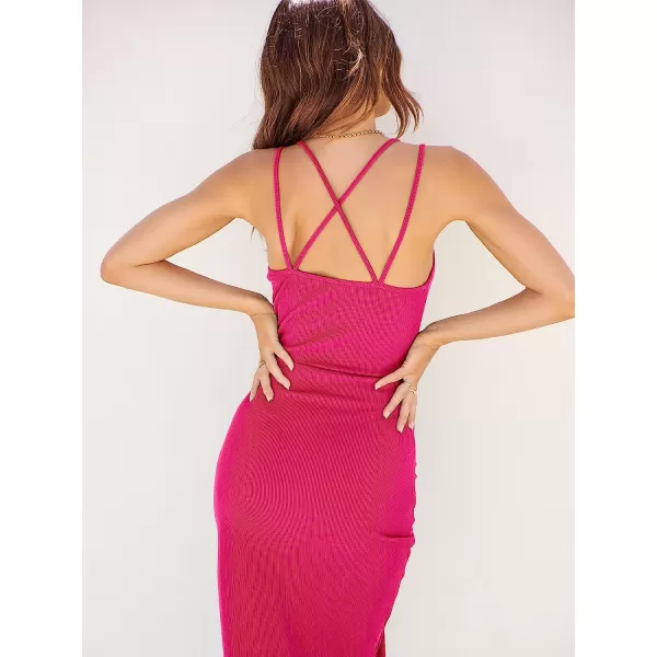 imageANRABESS Womens Summer Spaghetti Strap Scoop Neck Sleeveless Ruched Bodycon Split Party Midi DressRose
