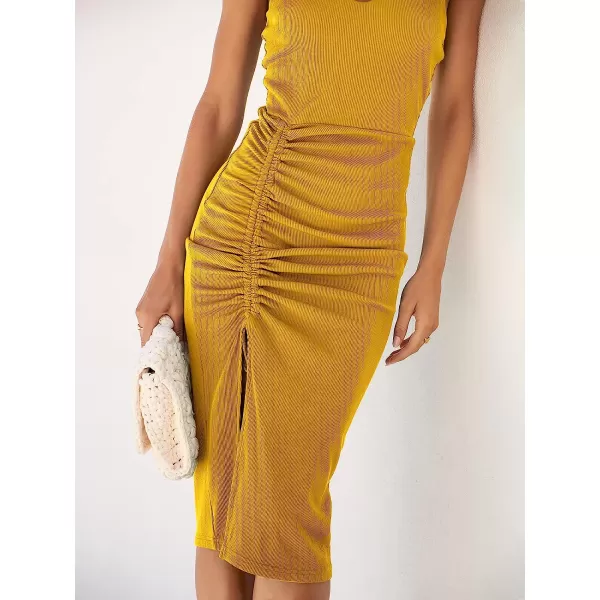 imageANRABESS Womens Summer Spaghetti Strap Scoop Neck Sleeveless Ruched Bodycon Split Party Midi DressYellow