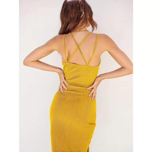 imageANRABESS Womens Summer Spaghetti Strap Scoop Neck Sleeveless Ruched Bodycon Split Party Midi DressYellow