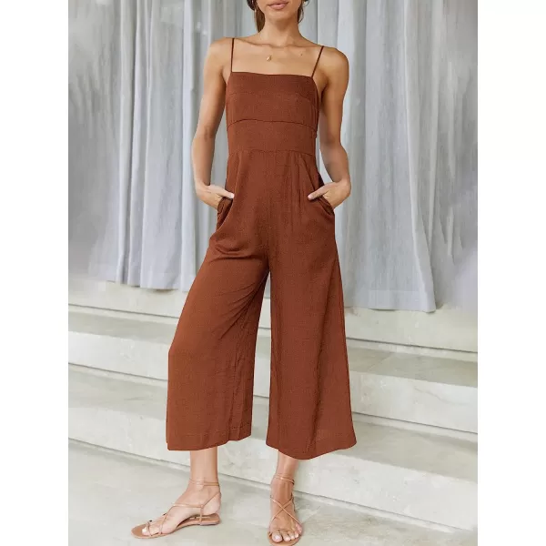 imageANRABESS Womens Summer Spaghetti Strap Tie Back Sleeveless Dressy High Waist Wide Leg Jumpsuit Rompers PocketsRed Brown