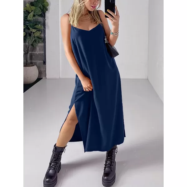 imageANRABESS Womens Summer Spaghetti Strap V Neck Casual Loose Backless Slit Maxi Beach Sun DressDeep Blue
