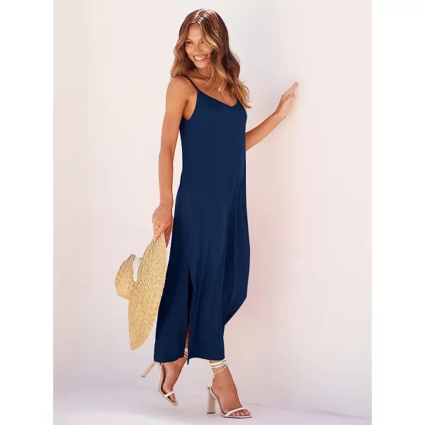 imageANRABESS Womens Summer Spaghetti Strap V Neck Casual Loose Backless Slit Maxi Beach Sun DressDeep Blue