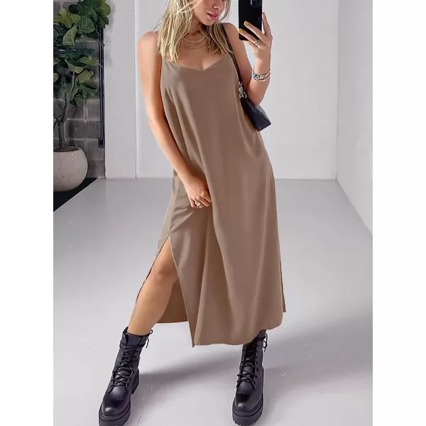 imageANRABESS Womens Summer Spaghetti Strap V Neck Casual Loose Backless Slit Maxi Beach Sun DressKhaki