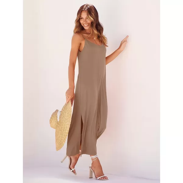 imageANRABESS Womens Summer Spaghetti Strap V Neck Casual Loose Backless Slit Maxi Beach Sun DressKhaki