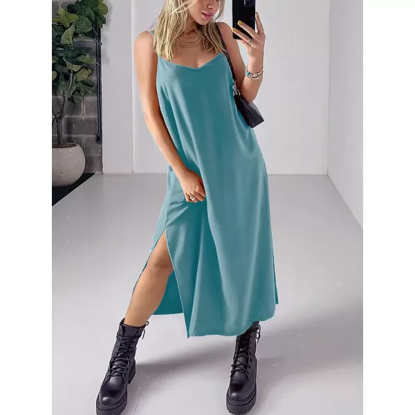 imageANRABESS Womens Summer Spaghetti Strap V Neck Casual Loose Backless Slit Maxi Beach Sun DressLake