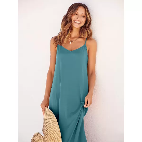 imageANRABESS Womens Summer Spaghetti Strap V Neck Casual Loose Backless Slit Maxi Beach Sun DressLake