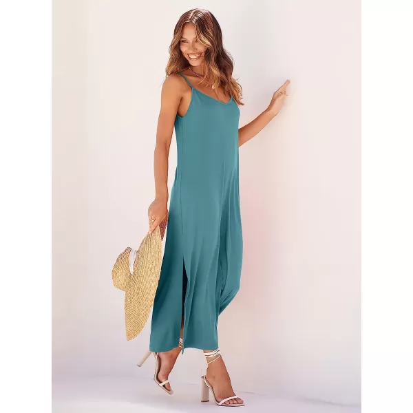 imageANRABESS Womens Summer Spaghetti Strap V Neck Casual Loose Backless Slit Maxi Beach Sun DressLake