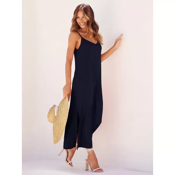 imageANRABESS Womens Summer Spaghetti Strap V Neck Casual Loose Backless Slit Maxi Beach Sun DressNavy Blue