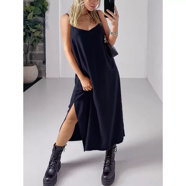 imageANRABESS Womens Summer Spaghetti Strap V Neck Casual Loose Backless Slit Maxi Beach Sun DressNavy Blue