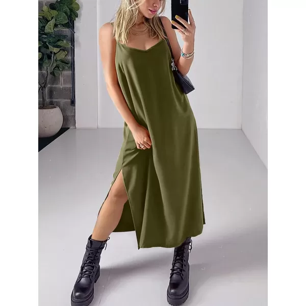 imageANRABESS Womens Summer Spaghetti Strap V Neck Casual Loose Backless Slit Maxi Beach Sun DressOlive Green