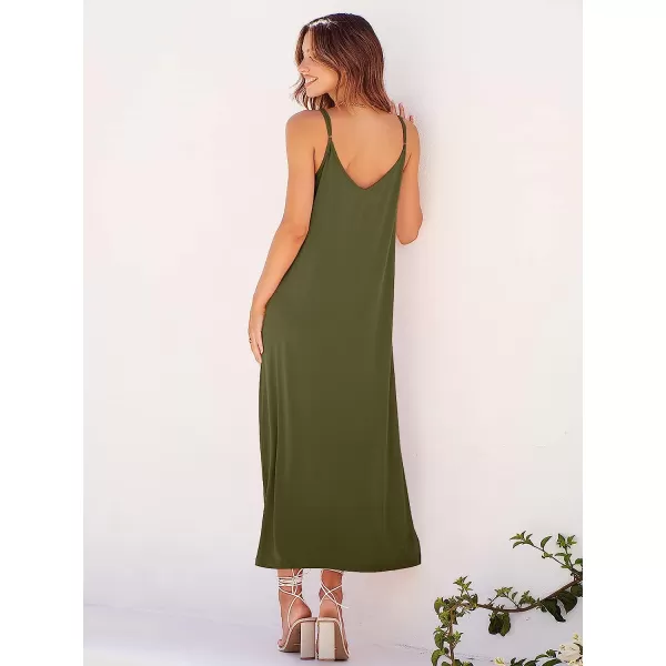 imageANRABESS Womens Summer Spaghetti Strap V Neck Casual Loose Backless Slit Maxi Beach Sun DressOlive Green