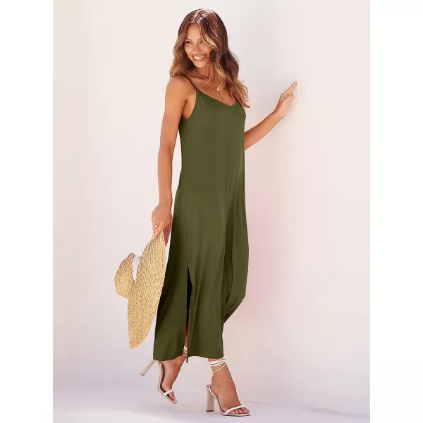 imageANRABESS Womens Summer Spaghetti Strap V Neck Casual Loose Backless Slit Maxi Beach Sun DressOlive Green