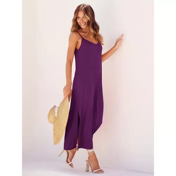 imageANRABESS Womens Summer Spaghetti Strap V Neck Casual Loose Backless Slit Maxi Beach Sun DressPurple