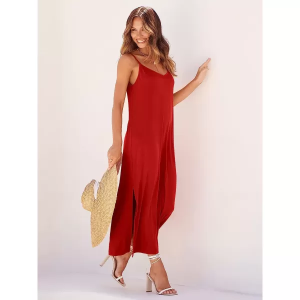 imageANRABESS Womens Summer Spaghetti Strap V Neck Casual Loose Backless Slit Maxi Beach Sun DressRed