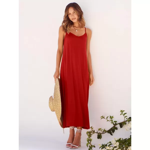imageANRABESS Womens Summer Spaghetti Strap V Neck Casual Loose Backless Slit Maxi Beach Sun DressRed