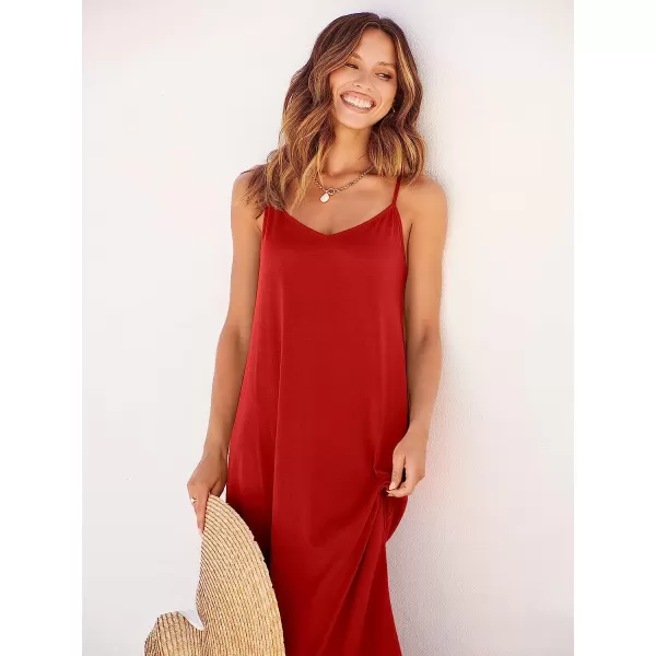 imageANRABESS Womens Summer Spaghetti Strap V Neck Casual Loose Backless Slit Maxi Beach Sun DressRed