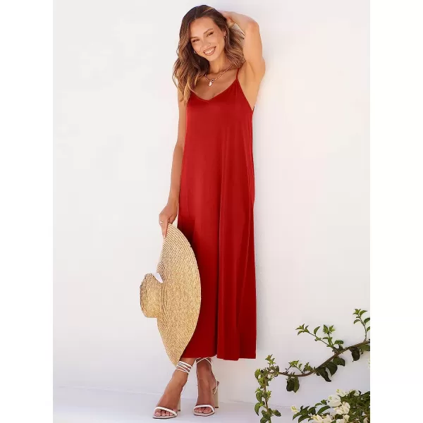 imageANRABESS Womens Summer Spaghetti Strap V Neck Casual Loose Backless Slit Maxi Beach Sun DressRed
