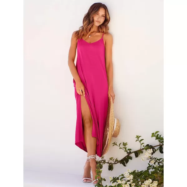 imageANRABESS Womens Summer Spaghetti Strap V Neck Casual Loose Backless Slit Maxi Beach Sun DressRose
