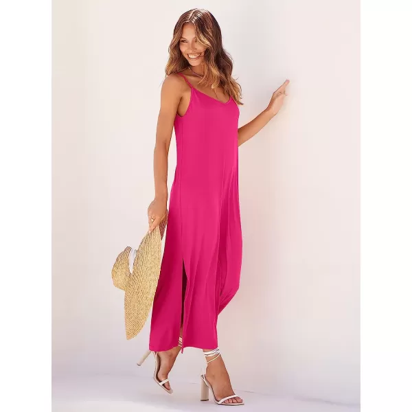imageANRABESS Womens Summer Spaghetti Strap V Neck Casual Loose Backless Slit Maxi Beach Sun DressRose