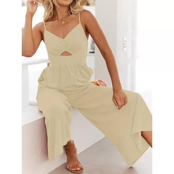 imageANRABESS Womens Summer Spaghetti Straps V Neck Cutout Smocked High Waist Wide leg Jumpsuits Rompers with PocketsApricot