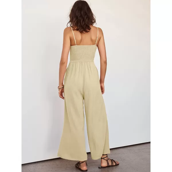 imageANRABESS Womens Summer Spaghetti Straps V Neck Cutout Smocked High Waist Wide leg Jumpsuits Rompers with PocketsApricot