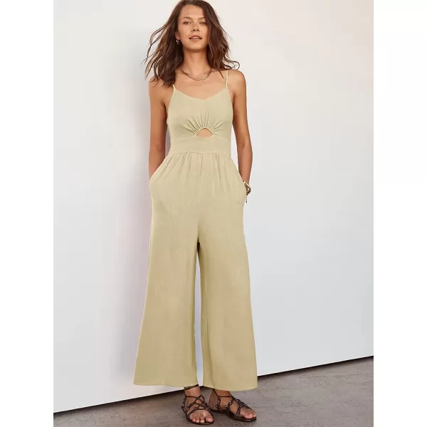 imageANRABESS Womens Summer Spaghetti Straps V Neck Cutout Smocked High Waist Wide leg Jumpsuits Rompers with PocketsApricot