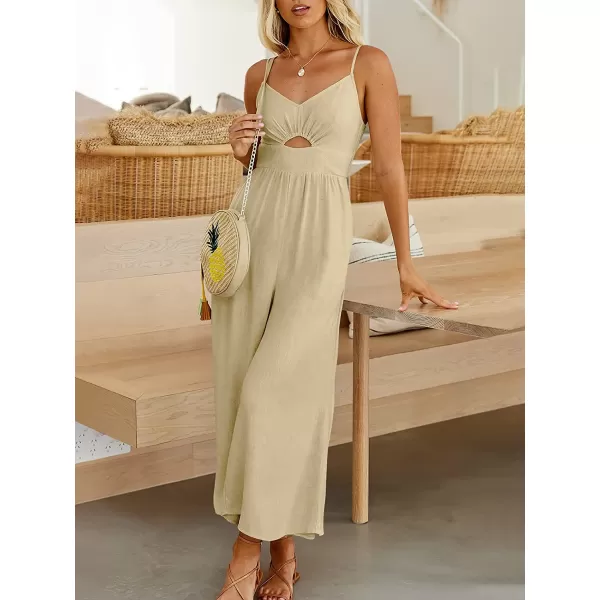imageANRABESS Womens Summer Spaghetti Straps V Neck Cutout Smocked High Waist Wide leg Jumpsuits Rompers with PocketsApricot
