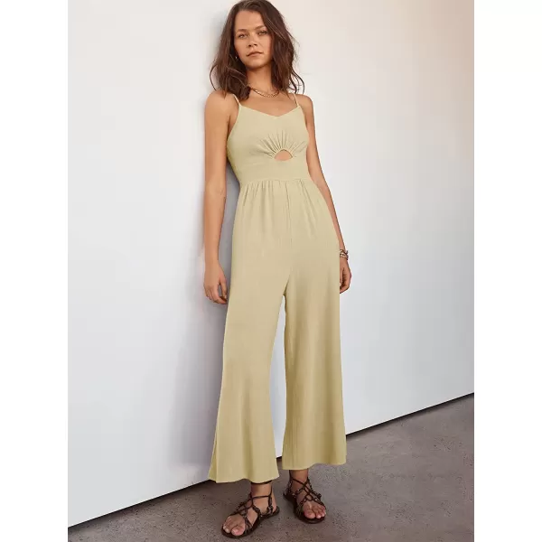 imageANRABESS Womens Summer Spaghetti Straps V Neck Cutout Smocked High Waist Wide leg Jumpsuits Rompers with PocketsApricot
