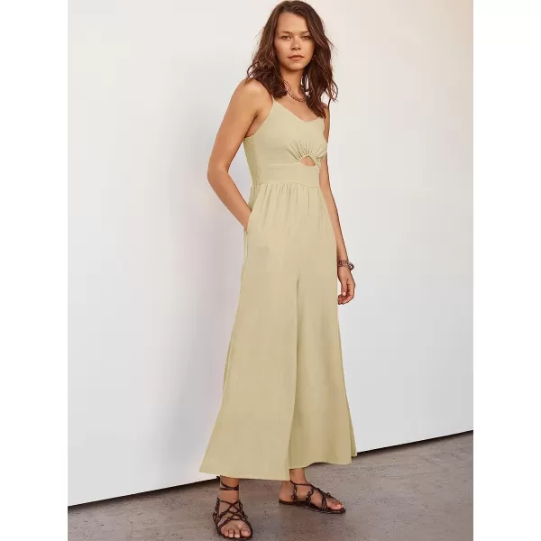 imageANRABESS Womens Summer Spaghetti Straps V Neck Cutout Smocked High Waist Wide leg Jumpsuits Rompers with PocketsApricot