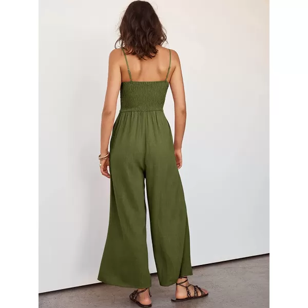 imageANRABESS Womens Summer Spaghetti Straps V Neck Cutout Smocked High Waist Wide leg Jumpsuits Rompers with PocketsArmy Green