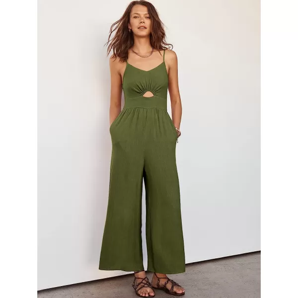 imageANRABESS Womens Summer Spaghetti Straps V Neck Cutout Smocked High Waist Wide leg Jumpsuits Rompers with PocketsArmy Green