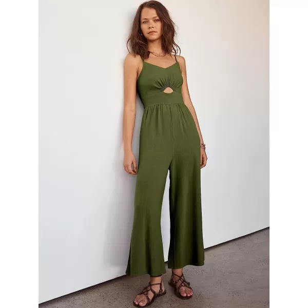 imageANRABESS Womens Summer Spaghetti Straps V Neck Cutout Smocked High Waist Wide leg Jumpsuits Rompers with PocketsArmy Green
