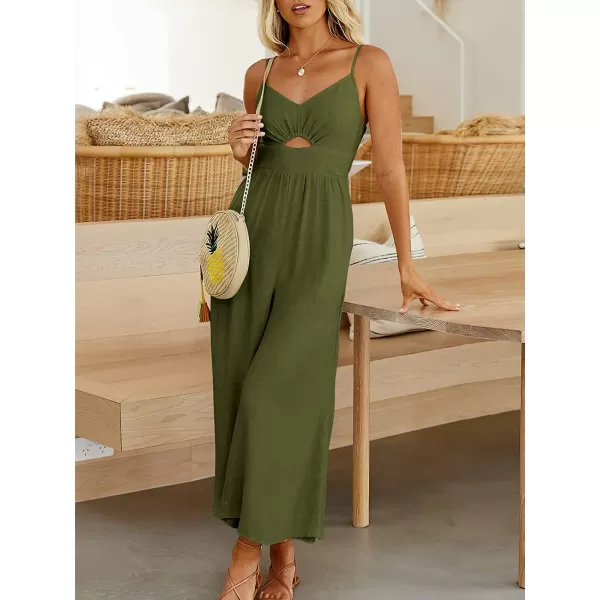 imageANRABESS Womens Summer Spaghetti Straps V Neck Cutout Smocked High Waist Wide leg Jumpsuits Rompers with PocketsArmy Green