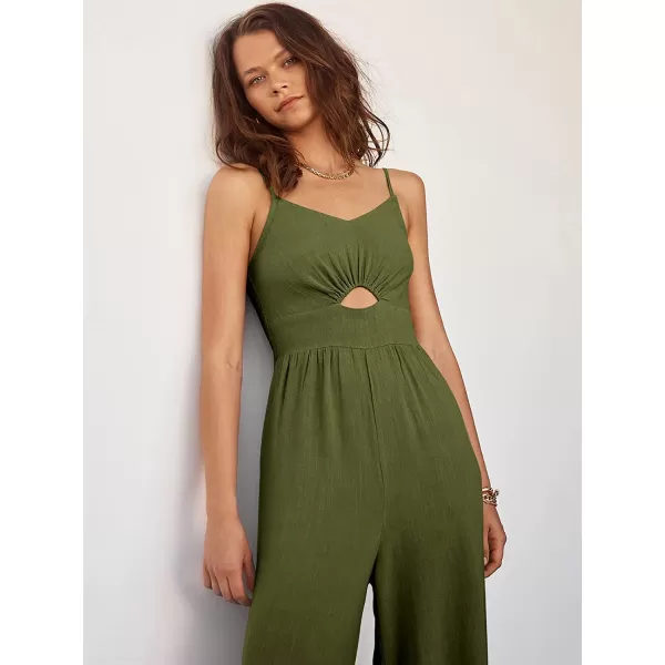imageANRABESS Womens Summer Spaghetti Straps V Neck Cutout Smocked High Waist Wide leg Jumpsuits Rompers with PocketsArmy Green