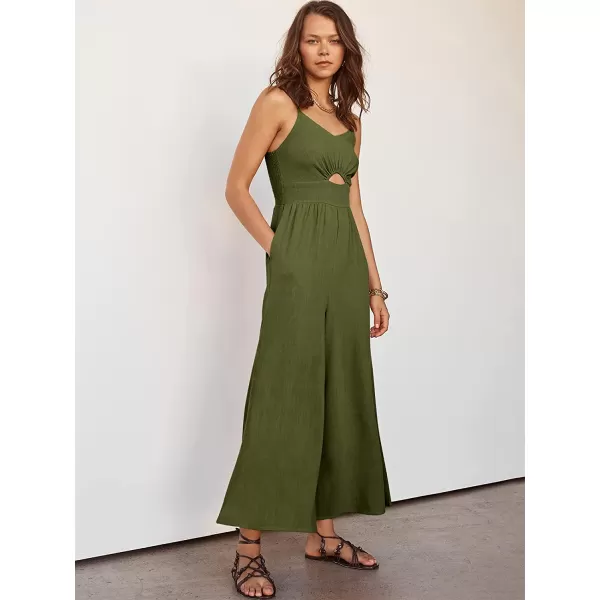 imageANRABESS Womens Summer Spaghetti Straps V Neck Cutout Smocked High Waist Wide leg Jumpsuits Rompers with PocketsArmy Green