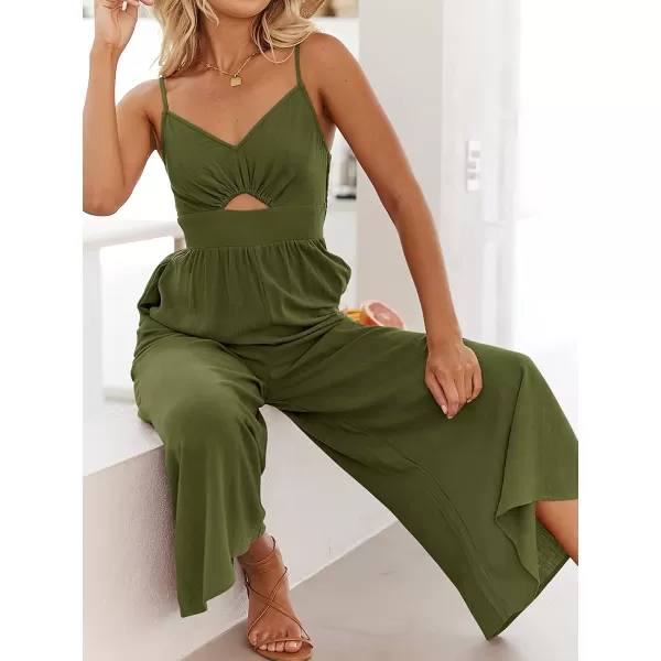 imageANRABESS Womens Summer Spaghetti Straps V Neck Cutout Smocked High Waist Wide leg Jumpsuits Rompers with PocketsArmy Green