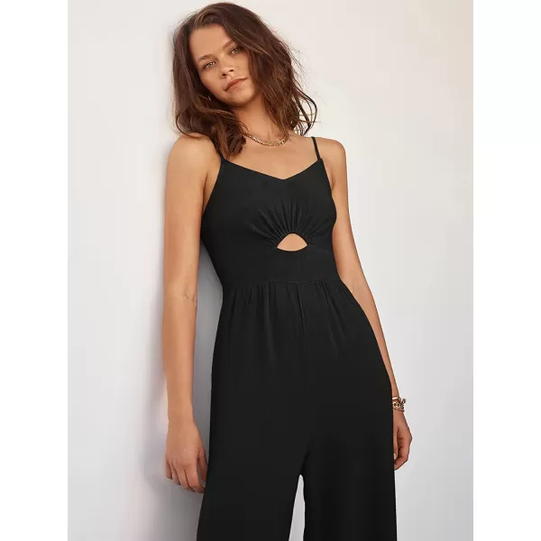imageANRABESS Womens Summer Spaghetti Straps V Neck Cutout Smocked High Waist Wide leg Jumpsuits Rompers with PocketsBlack