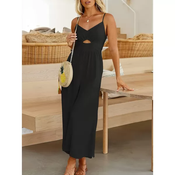 imageANRABESS Womens Summer Spaghetti Straps V Neck Cutout Smocked High Waist Wide leg Jumpsuits Rompers with PocketsBlack