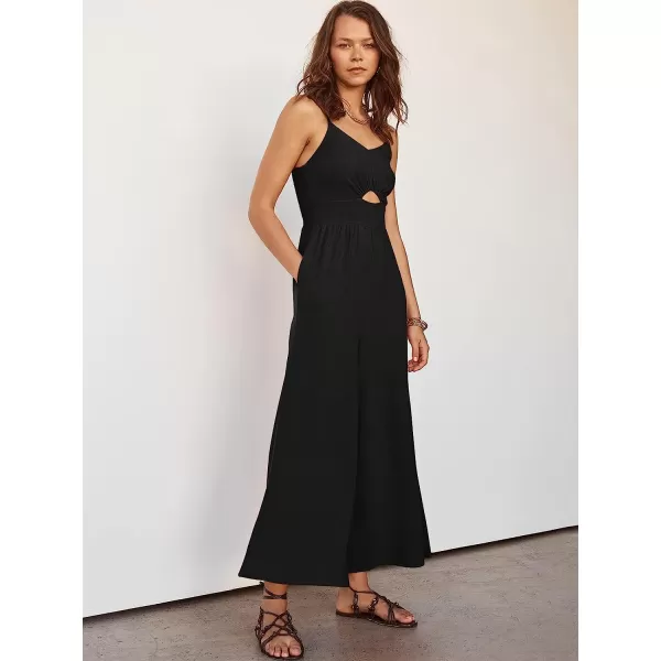 imageANRABESS Womens Summer Spaghetti Straps V Neck Cutout Smocked High Waist Wide leg Jumpsuits Rompers with PocketsBlack