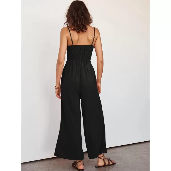 imageANRABESS Womens Summer Spaghetti Straps V Neck Cutout Smocked High Waist Wide leg Jumpsuits Rompers with PocketsBlack