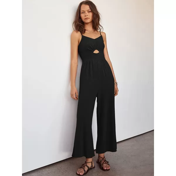 imageANRABESS Womens Summer Spaghetti Straps V Neck Cutout Smocked High Waist Wide leg Jumpsuits Rompers with PocketsBlack
