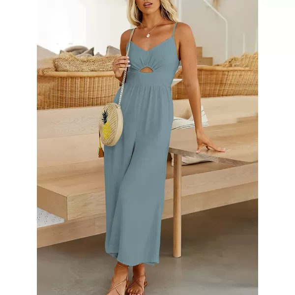 imageANRABESS Womens Summer Spaghetti Straps V Neck Cutout Smocked High Waist Wide leg Jumpsuits Rompers with PocketsBlue